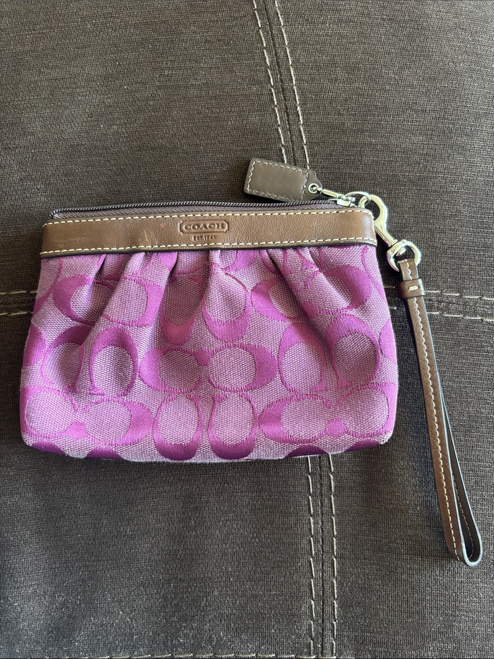 Y2K Coach Purple Wristlet with Brown Leather Trim and Strap